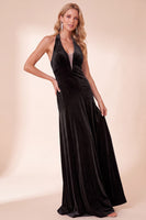Load image into Gallery viewer, Royal Blue Velvet A Line Halter Long Wedding Guest Dress