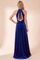 Load image into Gallery viewer, Royal Blue Velvet A Line Halter Long Wedding Guest Dress