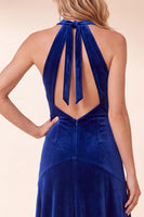 Load image into Gallery viewer, Royal Blue Velvet A Line Halter Long Wedding Guest Dress
