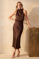Load image into Gallery viewer, Purple Bodycon High Neck Long Satin Wedding Guest Dress
