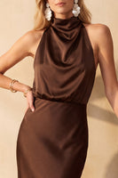 Load image into Gallery viewer, Purple Bodycon High Neck Long Satin Wedding Guest Dress
