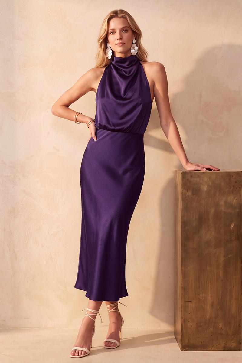 Load image into Gallery viewer, Purple Bodycon High Neck Long Satin Wedding Guest Dress