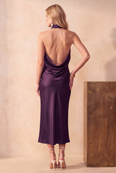 Purple Bodycon High Neck Long Satin Wedding Guest Dress