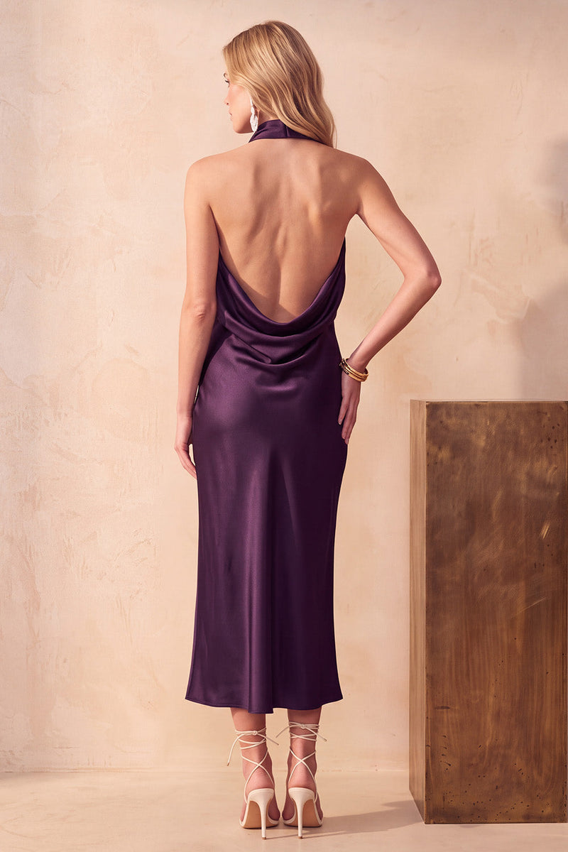 Load image into Gallery viewer, Purple Bodycon High Neck Long Satin Wedding Guest Dress