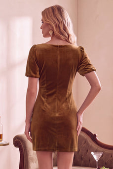 Burunt Orange Velvet V-Neck Puff Sleeves Short Wedding Guest Dress with Bow