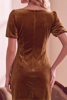 Load image into Gallery viewer, Burunt Orange Velvet V-Neck Puff Sleeves Short Wedding Guest Dress with Bow