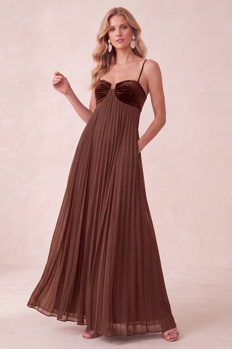 Load image into Gallery viewer, Coffee A-Line Pleated Long Wedding Guest Dress with Pockets