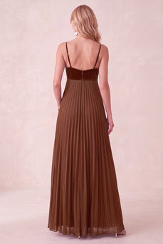 Coffee A-Line Pleated Long Wedding Guest Dress with Pockets