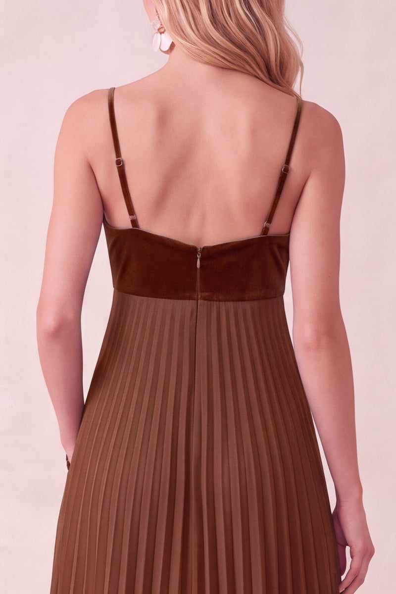 Load image into Gallery viewer, Coffee A-Line Pleated Long Wedding Guest Dress with Pockets