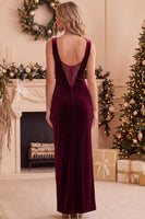Load image into Gallery viewer, Burgundy Sheath Boat Neck Long Wedding Guest Dress with Slit