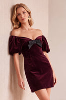 Load image into Gallery viewer, Navy Velvet Sheath Off the Shoulder Puff Sleeves Short Wedding Guest Dress with Bow