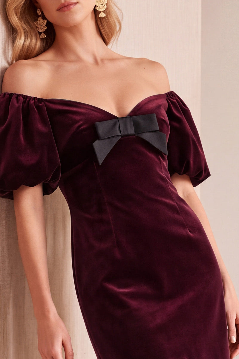 Load image into Gallery viewer, Navy Velvet Sheath Off the Shoulder Puff Sleeves Short Wedding Guest Dress with Bow