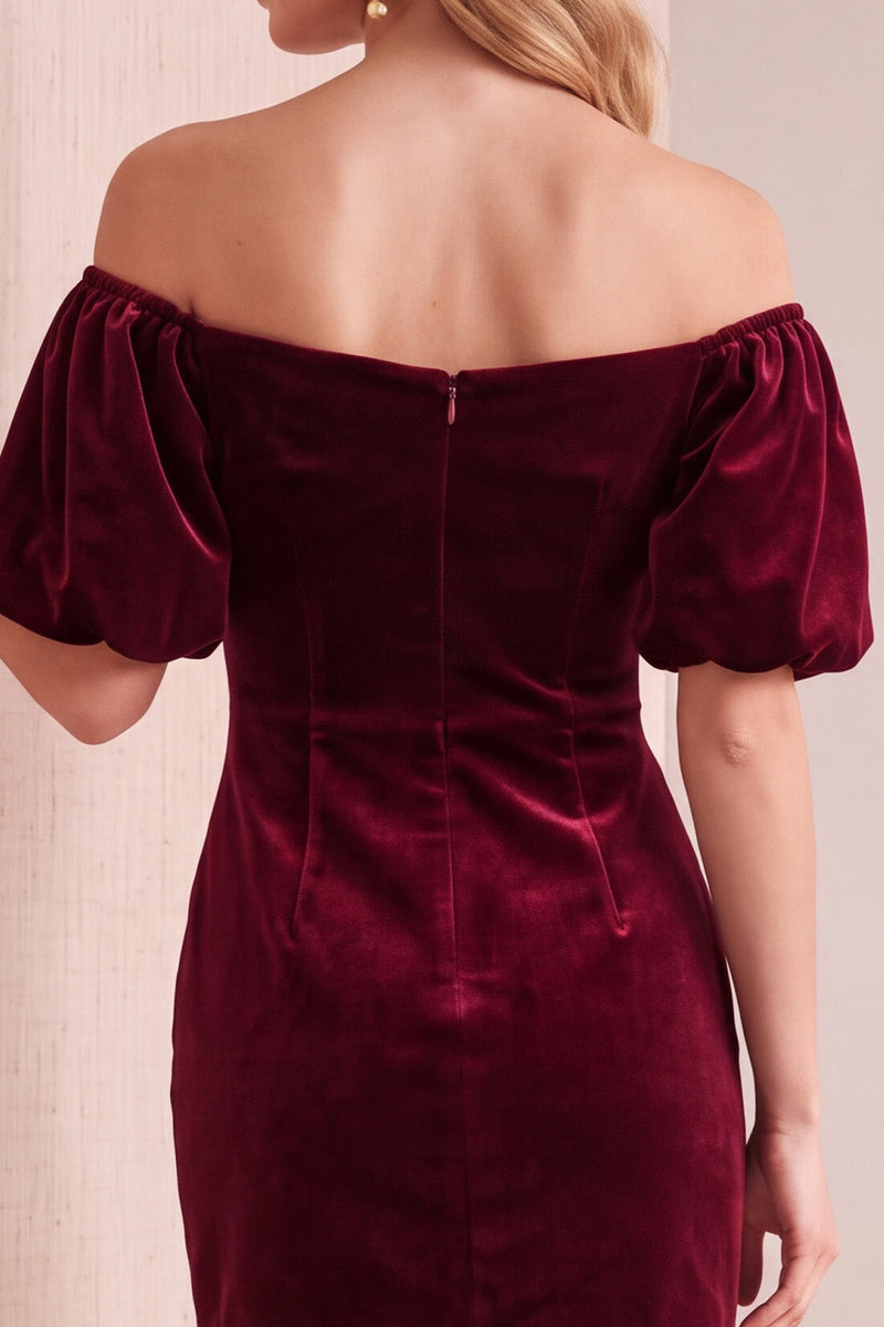 Load image into Gallery viewer, Navy Velvet Sheath Off the Shoulder Puff Sleeves Short Wedding Guest Dress with Bow