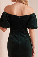 Load image into Gallery viewer, Navy Velvet Sheath Off the Shoulder Puff Sleeves Short Wedding Guest Dress with Bow