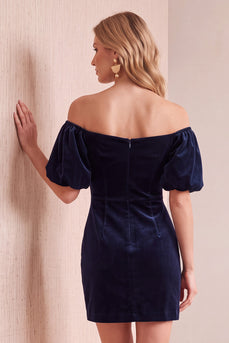 Navy Velvet Sheath Off the Shoulder Puff Sleeves Short Wedding Guest Dress with Bow