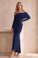 Load image into Gallery viewer, Purple Mermaid Satin Off the Shoulder Long Wedding Guest Dress with Sleeves