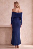 Load image into Gallery viewer, Purple Mermaid Satin Off the Shoulder Long Wedding Guest Dress with Sleeves