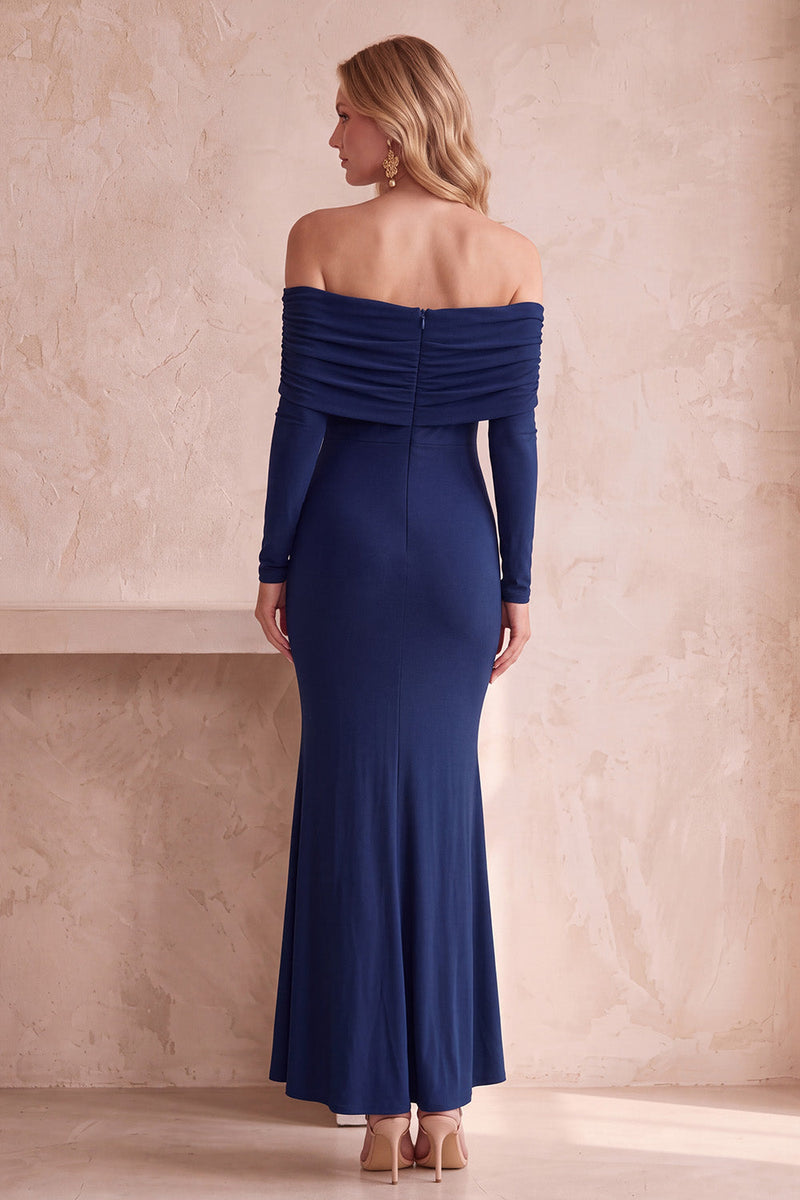 Load image into Gallery viewer, Purple Mermaid Satin Off the Shoulder Long Wedding Guest Dress with Sleeves