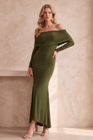 Load image into Gallery viewer, Purple Mermaid Satin Off the Shoulder Long Wedding Guest Dress with Sleeves
