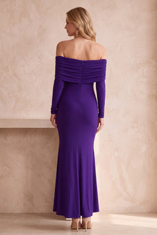 Purple Mermaid Satin Off the Shoulder Long Wedding Guest Dress with Sleeves