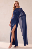 Load image into Gallery viewer, Navy Mermaid Bateau Neck Long Wedding Guest Dress with Cape