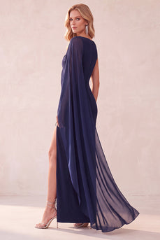 Navy Mermaid Bateau Neck Long Wedding Guest Dress with Cape