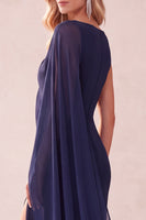 Load image into Gallery viewer, Navy Mermaid Bateau Neck Long Wedding Guest Dress with Cape