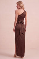 Load image into Gallery viewer, Coffee Satin Sheath One Shoulder Ruched Long Wedding Guest Dress with Slit