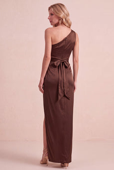 Coffee Satin Sheath One Shoulder Ruched Long Wedding Guest Dress with Slit