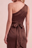 Load image into Gallery viewer, Coffee Satin Sheath One Shoulder Ruched Long Wedding Guest Dress with Slit
