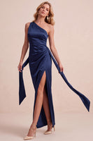 Load image into Gallery viewer, Coffee Satin Sheath One Shoulder Ruched Long Wedding Guest Dress with Slit