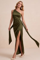 Load image into Gallery viewer, Coffee Satin Sheath One Shoulder Ruched Long Wedding Guest Dress with Slit