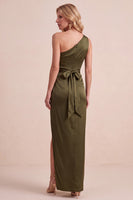 Load image into Gallery viewer, Coffee Satin Sheath One Shoulder Ruched Long Wedding Guest Dress with Slit
