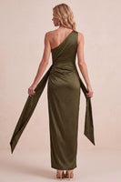 Load image into Gallery viewer, Coffee Satin Sheath One Shoulder Ruched Long Wedding Guest Dress with Slit
