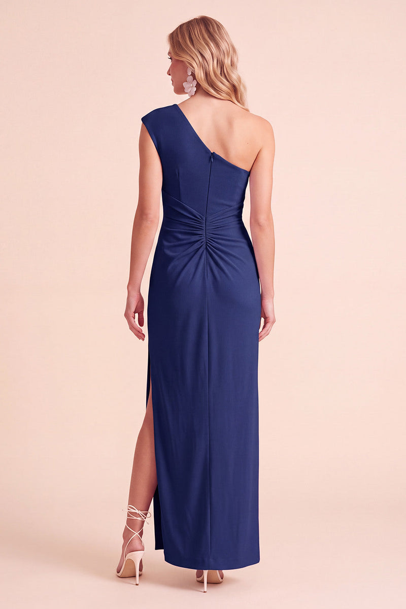 Load image into Gallery viewer, Light Purple Sheath One Shoulder Ruched Long Wedding Guest Dress with Slit