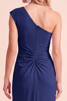 Load image into Gallery viewer, Light Purple Sheath One Shoulder Ruched Long Wedding Guest Dress with Slit