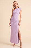 Load image into Gallery viewer, Light Purple Sheath One Shoulder Ruched Long Wedding Guest Dress with Slit