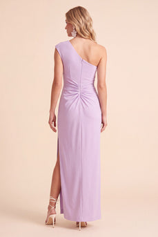 Light Purple Sheath One Shoulder Ruched Long Wedding Guest Dress with Slit