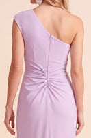 Load image into Gallery viewer, Light Purple Sheath One Shoulder Ruched Long Wedding Guest Dress with Slit