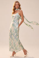 Load image into Gallery viewer, Light Green Floral Sheath Spaghetti Straps Long Wedding Guest Dress with Pockets