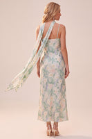 Load image into Gallery viewer, Light Green Floral Sheath Spaghetti Straps Long Wedding Guest Dress with Pockets