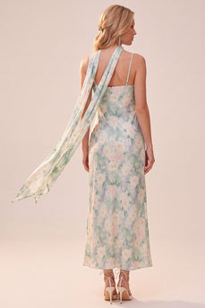 Light Green Floral Sheath Spaghetti Straps Long Wedding Guest Dress with Pockets