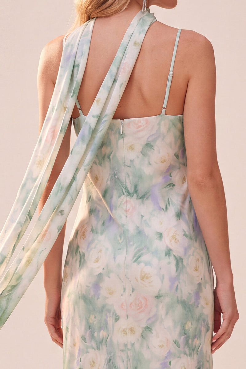 Load image into Gallery viewer, Light Green Floral Sheath Spaghetti Straps Long Wedding Guest Dress with Pockets