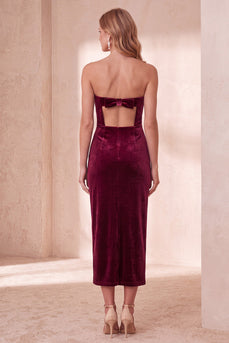 Burgundy Velvet Strapless Bodycon Long Wedding Guest Dress with Bow