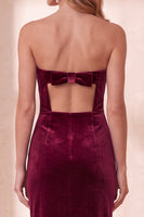 Load image into Gallery viewer, Burgundy Velvet Strapless Bodycon Long Wedding Guest Dress with Bow
