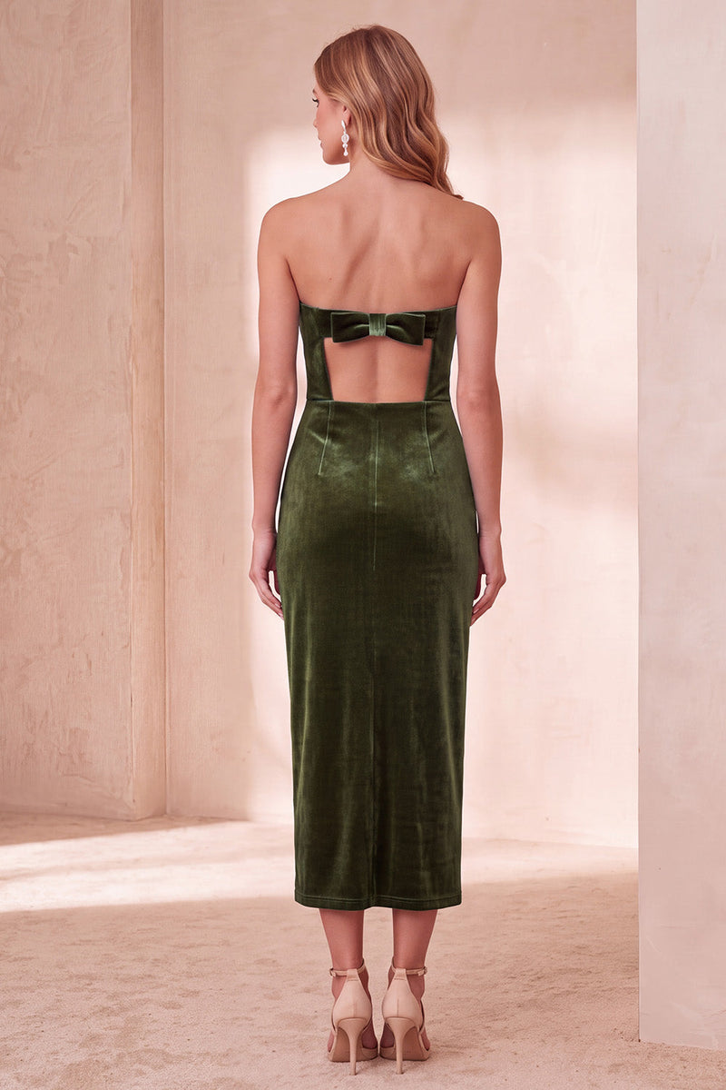 Load image into Gallery viewer, Burgundy Velvet Strapless Bodycon Long Wedding Guest Dress with Bow