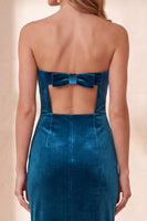 Load image into Gallery viewer, Burgundy Velvet Strapless Bodycon Long Wedding Guest Dress with Bow