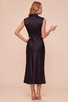 Load image into Gallery viewer, Dark Blue Sheath High Neck Satin Long Wedding Guest Dress with Lace