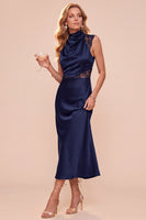 Load image into Gallery viewer, Dark Blue Sheath High Neck Satin Long Wedding Guest Dress with Lace