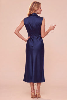 Dark Blue Sheath High Neck Satin Long Wedding Guest Dress with Lace